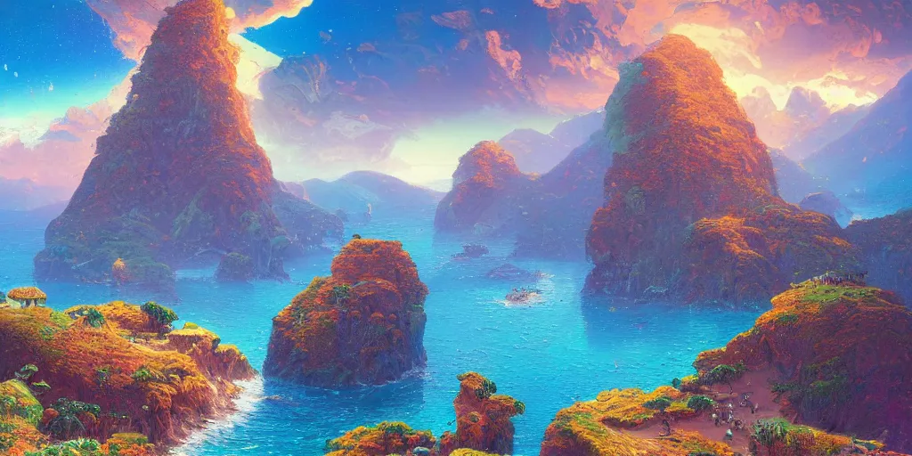 Prompt: A beautiful illustration of a breathtaking nature landscape, vivid colores, hills, ocean, cliffs, palm trees james gurney, dan luvisi,Petros Afshar,tim hildebrandt,liam wong,thomas kinkade,ernst haeckel,dan mumford,trending on artstation, WLOP ,cgsociety by Gediminas Pranckevicius, trending on cgsociety, James R. Eads, bokeh, fractal Thunder glow by dan mumford