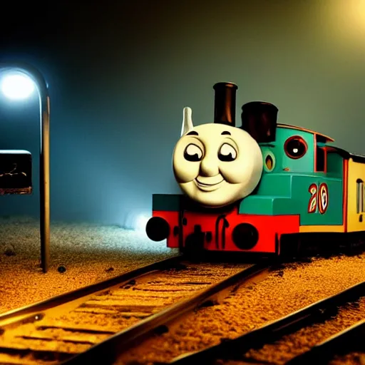 Scary Thomas the Train with its glowing eyes at night | Stable Diffusion