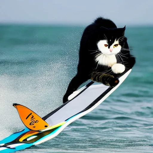 Image similar to A ragdoll cat windsurfing, cool, impressive, skilled