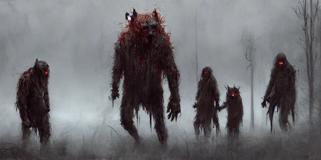 Prompt: skin walkers, horror movie, monster, scary in the style of jakub rozalski