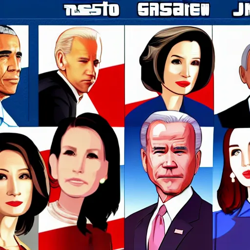 Prompt: gta chinatown wars art style as joe biden, george w bush, nancy pelosi, hot asian babes, obama, on next gta poster, hyperrealistic, rgba colors, remove duplicate content, justify contents center.