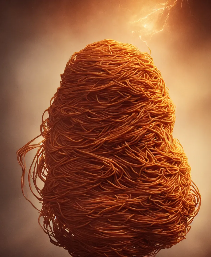 Image similar to spaghetti monster coming out of the pan, cinematic lighting, 8k, artstation