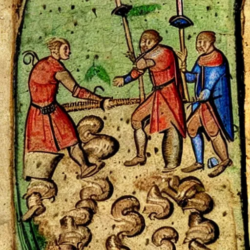 Image similar to a 1 5 th century medieval manuscript illustration of a knight stabbing a large snail