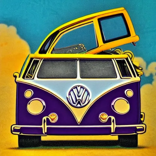 Image similar to jerry garcia (driving a Volkswagen bus) waving, detailed, realistic