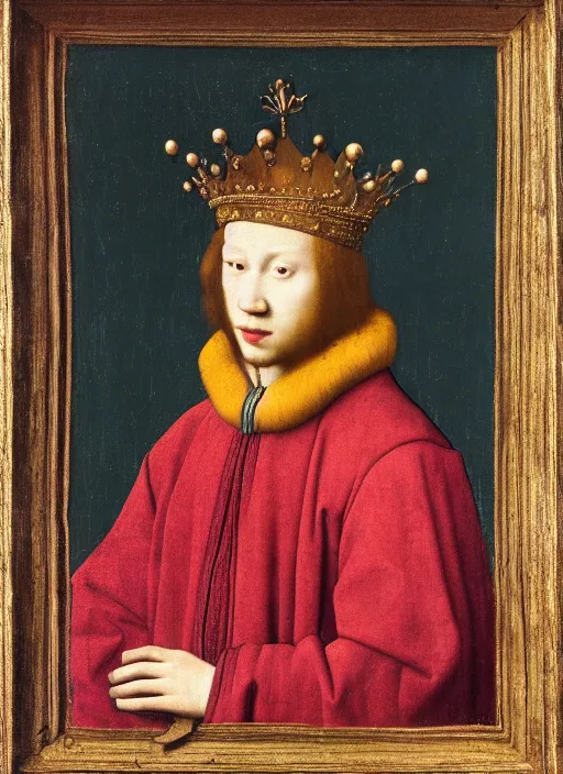 Image similar to portrait of a young man who is a king with a crown, medieval painting by Jan van Eyck, Johannes Vermeer, Florence