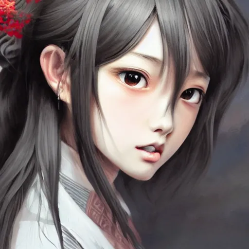 Image similar to dynamic composition, motion, ultra-detailed, incredibly detailed, a lot of details, amazing fine details and brush strokes, colorful and grayish palette, smooth, HD semirealistic anime CG concept art digital painting, watercolor oil painting of a Japanese schoolgirl, by a Chinese artist at ArtStation, by Huang Guangjian, Fenghua Zhong, Ruan Jia, Xin Jin and Wei Chang. Realistic artwork of a Chinese videogame, gradients, gentle an harmonic grayish colors.