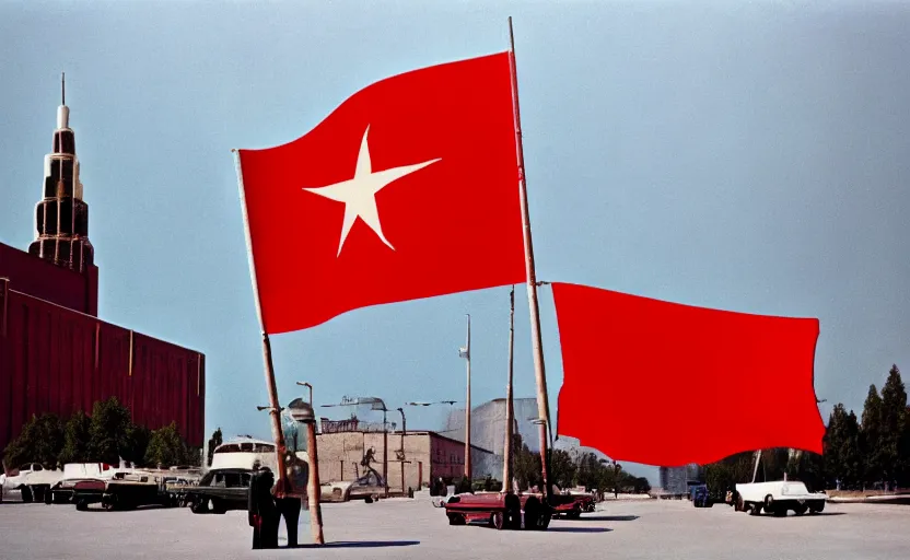 Image similar to 60s movie still of a giant stalinist style sovietic hall with a giant USSR flag, by Irving Penn , cinestill 800t 35mm eastmancolor, heavy grainy picture, very detailed, high quality, 4k, HD criterion, precise texture, panoramic, cinematic