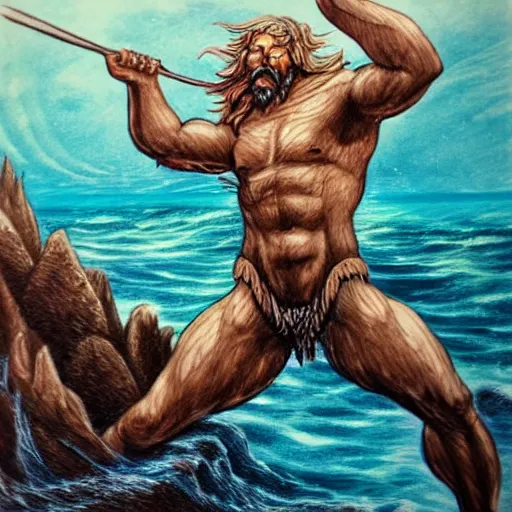 Prompt: Proud and screaming Poseidon rising from the ocean, ready to fight, fantasy art, hand-drawing