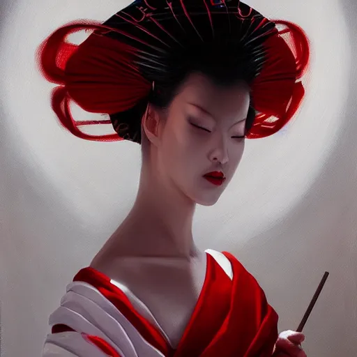 Image similar to A stunning painting of a beautiful albino geisha , red and white by Andrews Esao, fantasy, Trending on artstation.