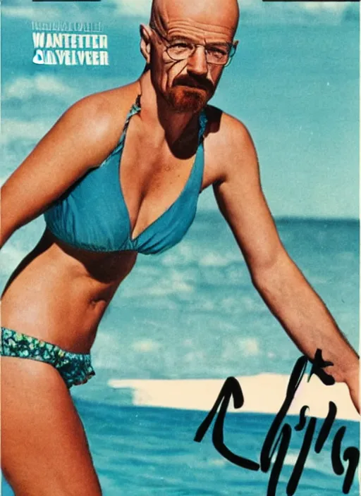 Prompt: walter white on the cover of swimsuit illustrated 1 9 6 0