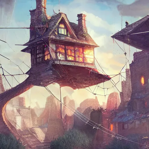 Image similar to a tiny miniscule town living on the thread of a spiders web, fantasy concept art, trending on art station, stunning visuals, creative, cinematic, ultra detailed