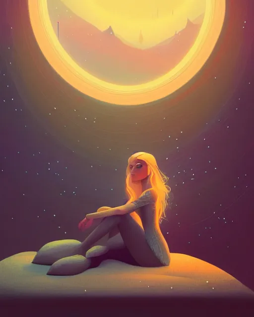 Prompt: beautiful painting of elven sitting on her bed, art by mike winkelmann and by petros afshar, sky night, illustration, highly detailed, simple, smooth and clean vector curves, no jagged lines, vector art, smooth, artstation