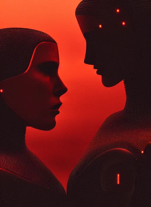 Prompt: cinestill 5 0 d photographic portrait of two loving female androids wearing rugged black mesh techwear on a desolate plain with a red sky, cutout waist, extreme closeup, modern cyberpunk, dust storm, 8 k, hd, high resolution, 3 5 mm, f / 3 2, ultra realistic faces, ex machina, blade runner