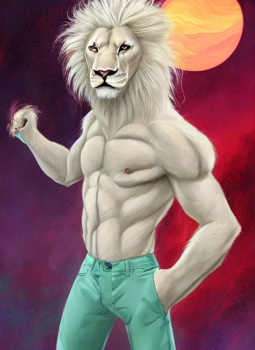 Image similar to aesthetic portrait commission of a of a male fully furry muscular anthro albino lion with a tail and a beautiful attractive hyperdetailed face wearing stylish and creative mint outfit made out of silk in a sci - fi dystopian city at golden hour while it storms in the background. character design by dayer, diego 5, detailed, inked, western comic book art, award winning film poster painting