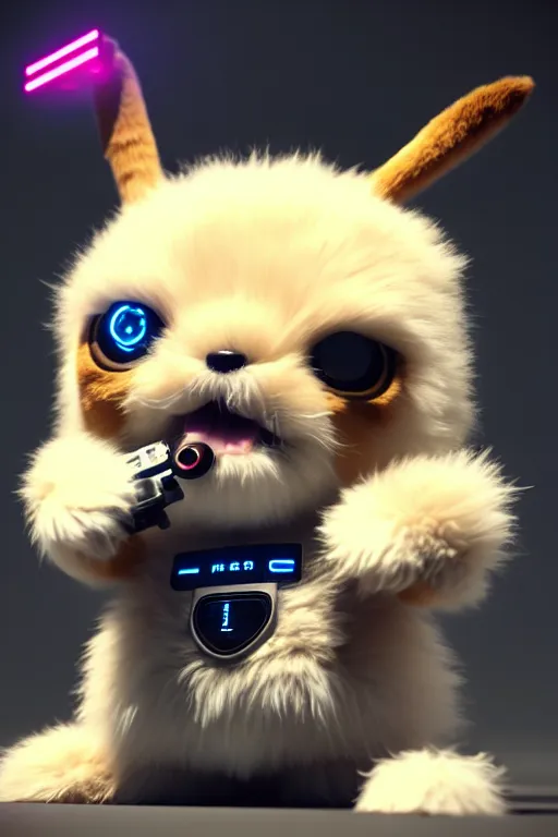 Image similar to high quality 3 d render very cute fluffy cyborg!! dog! plays drums, cyberpunk highly detailed, unreal engine cinematic smooth, in the style of blade runner & detective pikachu, hannah yata charlie immer, moody light, low angle, uhd 8 k, sharp focus