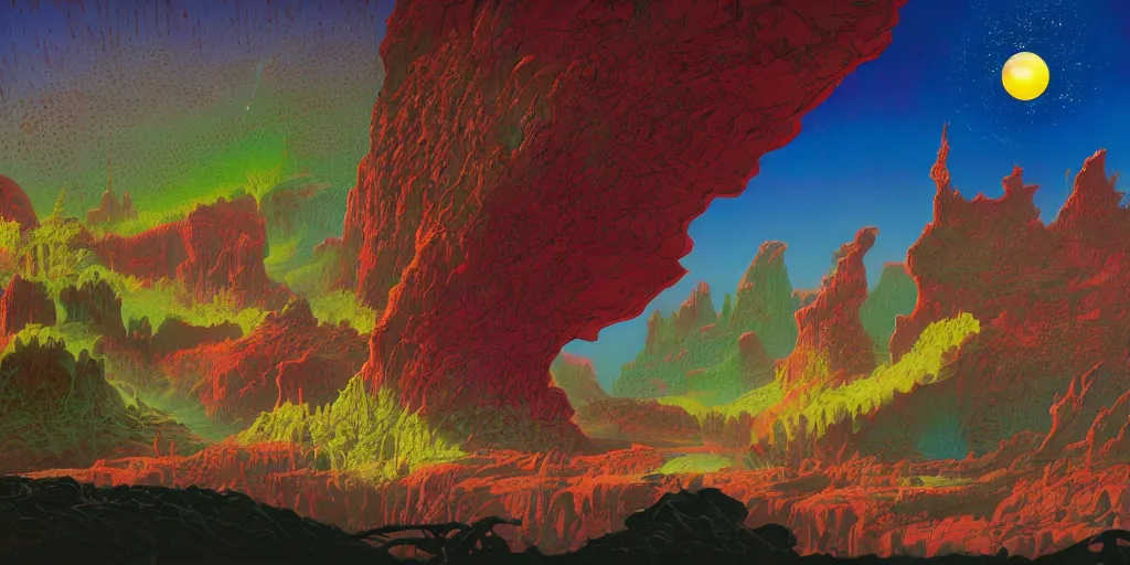 Image similar to striking colours vivid, gaps holes, neonothopanus, creatures, metropolis in distance, moons, realistic landscape art by roger dean, reflections, art by michael whelan, organic textures, seedpods, art by kilian eng, moebius artwork, ultrawide angle, hires 8 k detailed natural textures