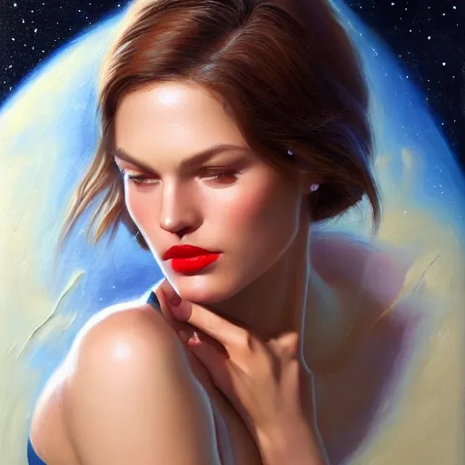 Image similar to a portrait of a very beautiful woman in a spacesuit with deep dueling scar across cheek, brown eyes, shoulder-length brown hair, red lips, bored, illustration, soft lighting, soft details, painting oil on canvas by mark arian by artgerm, trending on artstation, 4k, 8k, HD