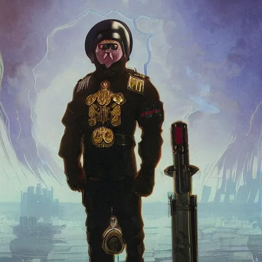 Prompt: portrait of rubbery albino mutant with moist skin, huge black eyes and determined expression, wearing fascist Byzantine police uniform and standing on cyberpunk docks, Dune concept art by Anato Finnstark, Alphonse Mucha, and Greg Rutkowski