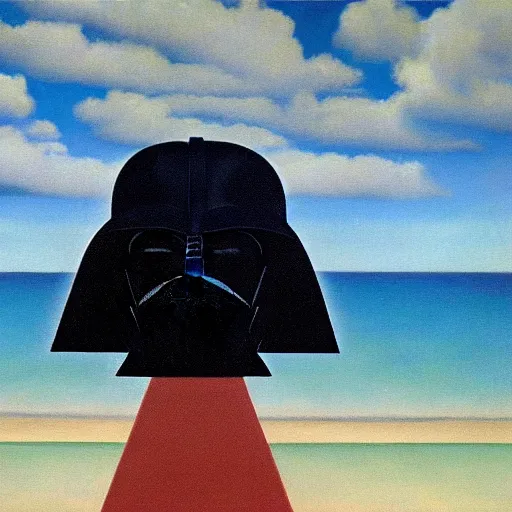 Image similar to portrait of darth vader at the beach, painting by rene magritte, high detail, high resolution