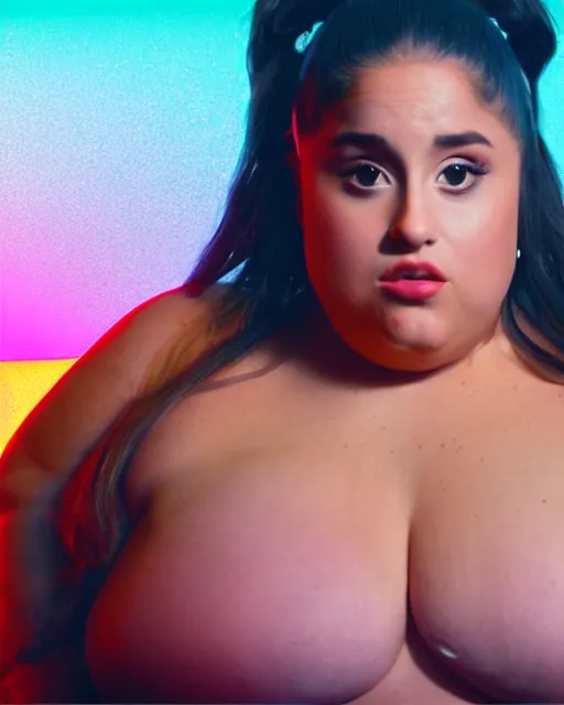 Prompt: film still of obese 3 0 0 - pound ariana grande at mcdonald's, vibrant high contrast, octane, arney freytag, cinematic, portrait, backlit, rim lighting, 8 k