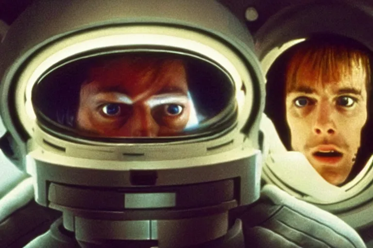 Prompt: scene from Stanley Kubrick\'s 2001: A Space Odyssey, ziggy stardust space walk, amazing cinematography