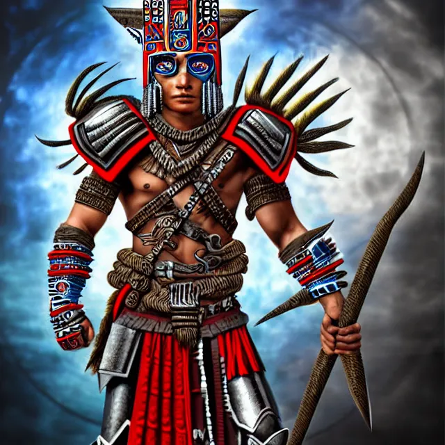 Image similar to futuristic aztec warrior, highly detailed, 4 k, hdr, smooth, sharp focus, high resolution, award - winning photo, illustrated by anne stokes, photorealistic