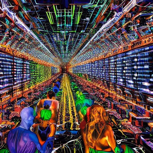 Image similar to diverse groups of humans destroying the supercomputer breaking circuits, from behind, rebirth, beauty, wide angle, elaborate, wet, highly detailed, colors, beautiful lighting