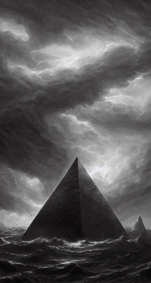 Image similar to black lovecraftian eldritch!! obsidian pyramid!! on a snowy island surrounded by raging stormy seas, with a large shadow of a creature in the background by eugene von guerard, ivan shishkin, night, red lightning!!, storm!, dramatic lighting, concept art, trending on artstation, 8 k