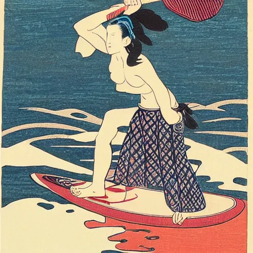 Image similar to girl stand up paddle board sup, woodblock print, style of hokusai, fine art, style of kanagawa, painting