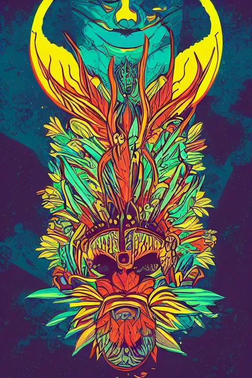 Image similar to animal mask totem roots flower tribal feather gemstone plant wood rock shaman vodoo video game vector cutout illustration vivid multicolor borderlands comics by josan gonzales and dan mumford radiating a glowing aura