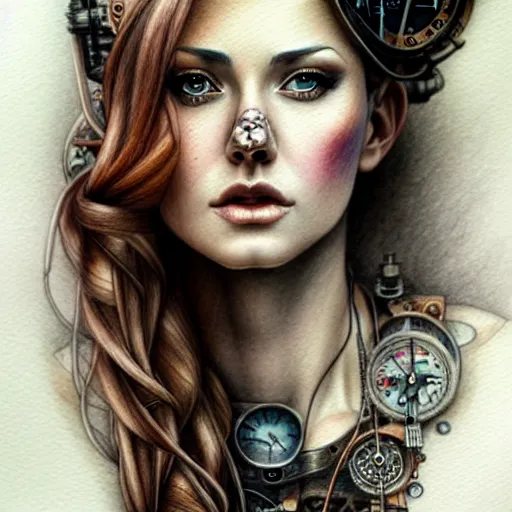 Prompt: hyper realistic full figure pencil drawing of a woman steampunk, water color, detailed, rim light, diffused, intricate, by anna dittmann,