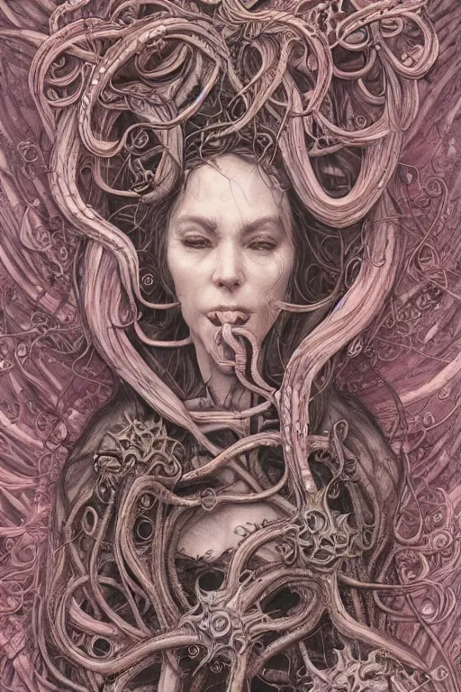 Image similar to centered beautiful detailed side view profile portrait of a insane, crazed, mad elderly woman, ornate tentacles growing around, ornamentation, thorns, vines, tentacles, elegant, beautifully soft lit, full frame, by wayne barlowe, peter mohrbacher, kelly mckernan, h r giger