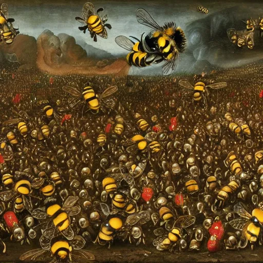 Image similar to a swarm of bumblebees attacking + + sleeping people in hell + +, art by bosch, highly detailed, masterpiece