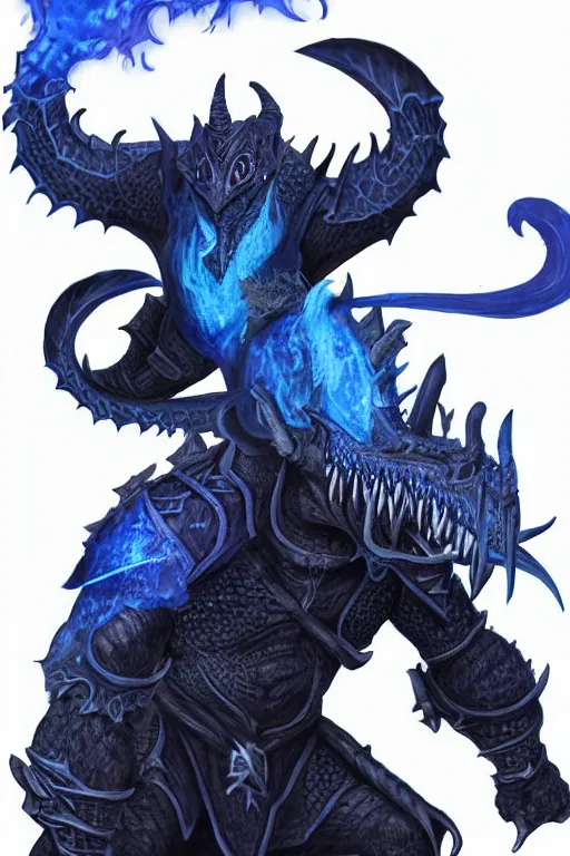 Image similar to a D&D character of a dark blue dragonborn with blue flame burning half his face, he has large tusks, he wears a black dragon scales armor, D&D concept art