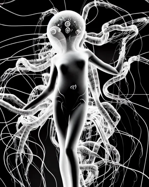 Image similar to black and white young cyborg-human-jellyfish-plant goddess high quality photo, microchip, artificial intelligence, bio-mechanical bio-luminescence, black wired cables, neurons, nerve cells, octane render, cinematic, rim light, hyper realism, photo-realistic, high detail, 8k, masterpiece, high fashion, in the style of Steven Meisel and Dora Maar and H.G. Giger