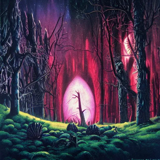 Prompt: moonlight forest in the silver serenade connects to the laced transmission symphony of the celestial psylocibin by ron walotsky and paul lehr