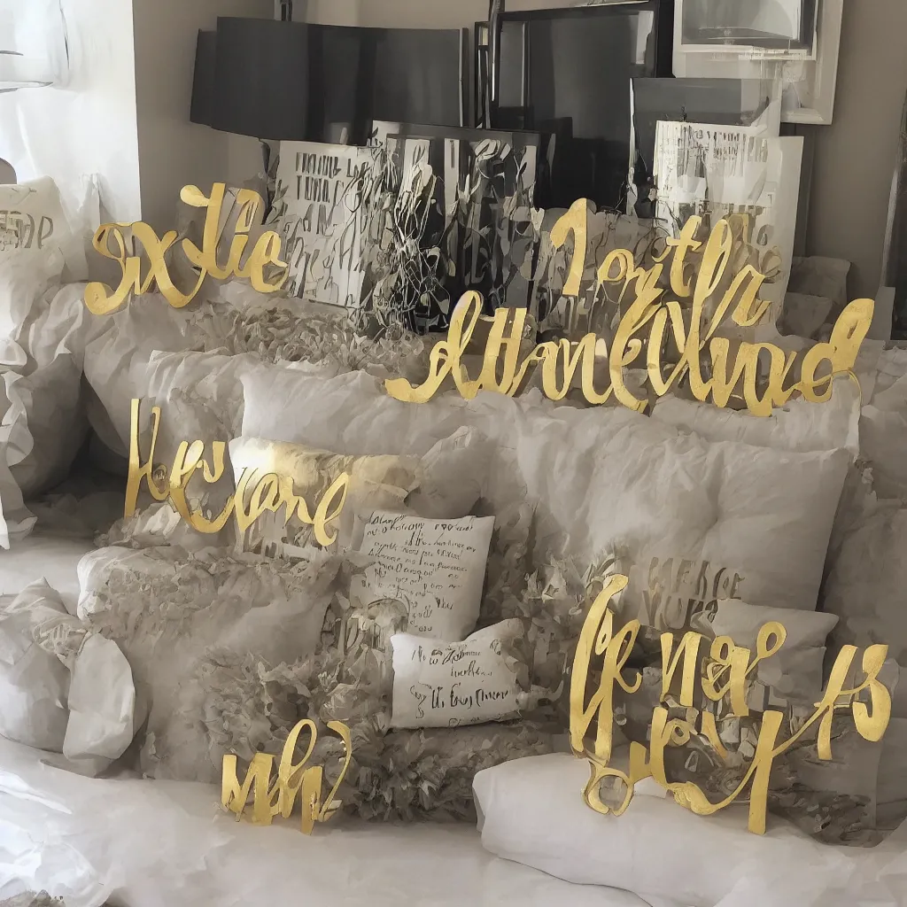 Image similar to 3 meaningless verbs printed as home decoration items, golden font, pointless