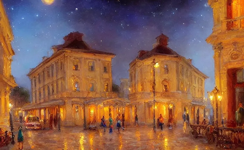 Prompt: Ancient Neoclassical Town at night. By Konstantin Razumov, highly detailded