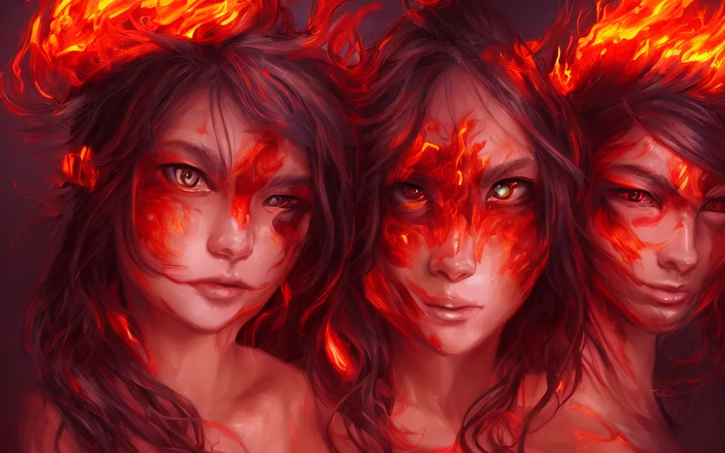 Image similar to A realistic anime portrait of a beautiful fire spirit twins with glowing red eyes and firey skin wearing clothes made of flames, digital painting, by Stanley Artgerm Lau, Sakimichan, WLOP and Rossdraws, digtial painting, trending on ArtStation, SFW version