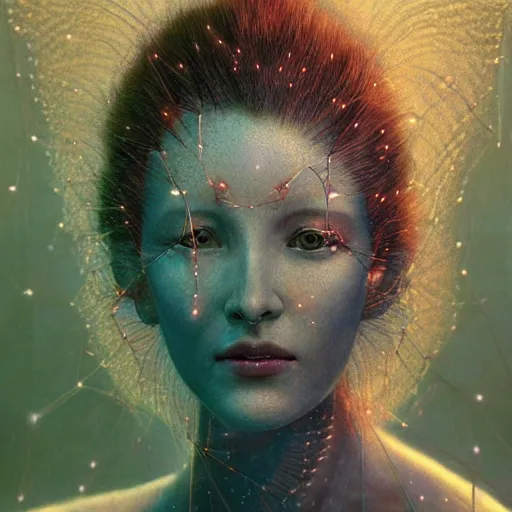 Image similar to Woman, spiky tesseract-shaped ice crystals on skin, 150mm, shiny, flat background, glowing, wires everywhere, by Edgar Maxence and Ross Tran, Zdzisław Beksiński, and Michael Whelan, distant, gustav dore, H.R. Giger, 8k, octane render