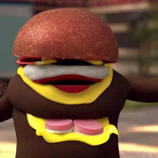 Prompt: laughing cheeseburger reaction image, movie still