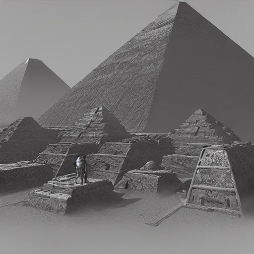 Image similar to the aliens building the pyramids, mysterious, ominous, eerie, craig mullins