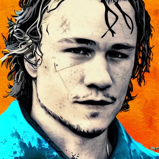Image similar to heath ledger in the art style of breath of the wild, grimdark dramatic lighting, digital art, intricate, highly detailed, matte painting, fine art