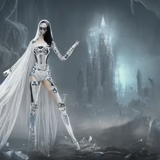 Prompt: female gothic robots with transparent glass head with mechanical brain, detailed face, sensual pose, dressed in white intricate lace, veils and jewels, epic environment, matte painting, diffused lighting, highly detailed, cinematic, epic atmosphere, digital art, trending on artstation, wide angle