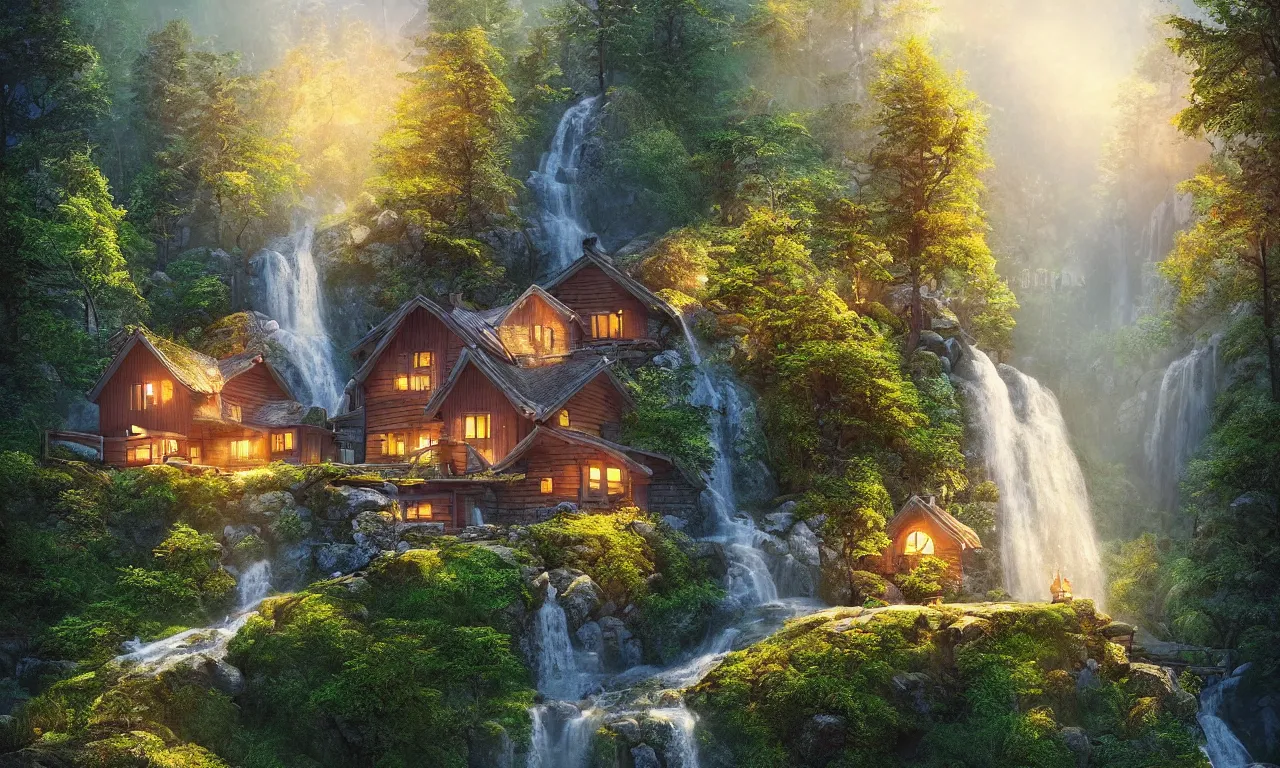 Prompt: scandinavian house in the forest on a hill, pixar, vector style, waterfall flows down from the mountain, vector art, fabulous, global illumination, warm lighting, by jordan grimmer