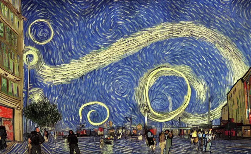 Prompt: people with posters attacking cops, a huge blue spiral - shaped white luminous attractor is floating on the horizon near the sun, stores in los angeles with light screens all over the street, concept art, art for the game, professional lighting, dark night lighting from streetlights, by van gogh