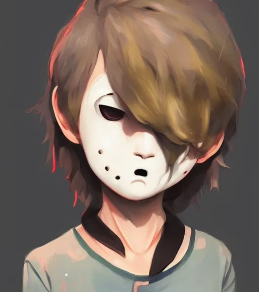 Image similar to beautiful little boy anime character inspired by jason voorhees, art by rossdraws, wlop, ilya kuvshinov, artgem lau, sakimichan and makoto shinkai, concept art, anatomically correct, extremely coherent, realistic, mask, smooth hd, 8 0 s haircut