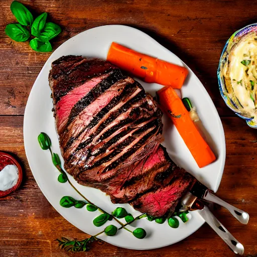 Image similar to advertising photography of a delicious large seasoned steak, topped with melted mozzarella cheese, and a side of seasoned vegetable medley, all served on a wooden table, spot, lighting, dark background