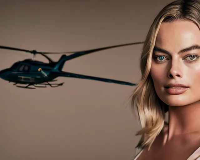 Image similar to a photo of margot robbie sitting on a helicopter propeller, hyper realistic face, beautiful eyes, cinematic, long shot, hyper detailed, 8 5 mm photograph, 8 k resolution, film still, sharp lens, wide lens