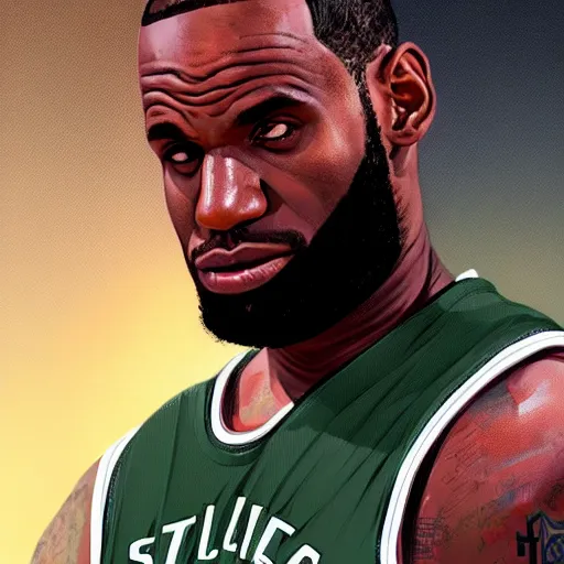 Image similar to highly detailed portrait lebron james basketball player in gta v, stephen bliss, unreal engine, fantasy art by greg rutkowski, loish, rhads, ferdinand knab, makoto shinkai and lois van baarle, ilya kuvshinov, rossdraws, tom bagshaw, global illumination, radiant light, detailed and intricate environment